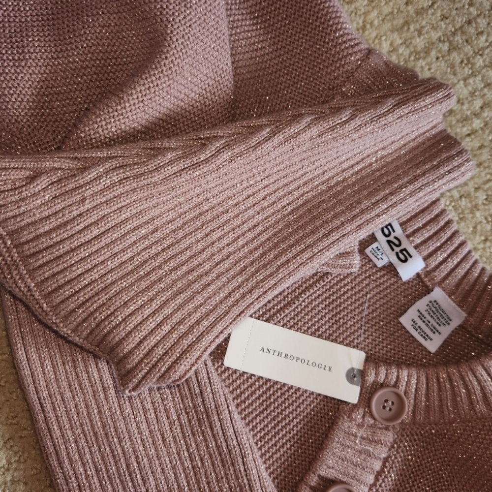NWT❗️❤️Anthropologie 525 Cropped Pink Gold Puff Sleeve Cardigan size M❤️ - Picture 9 of 9